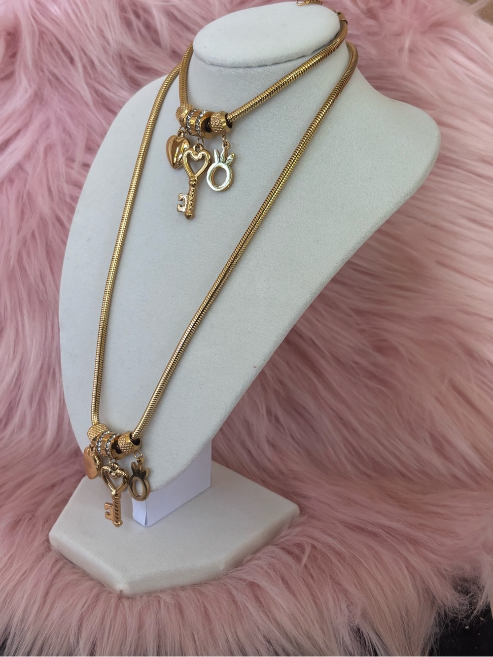 Gold Charm Layered Necklace and bracelet Set with Heart & Key Pendants